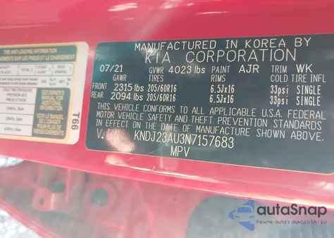 2022 Kia Soul Lx z USA, uszkodzony, nr VIN KNDJ23AU3N7157683